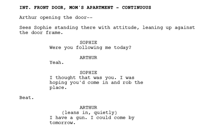 A scene in which Arthur admits that he’s been stalking Sophie, and rather than be alarmed, Sophie is intrigued by his unhealthy behavior.